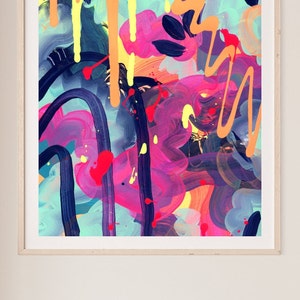 May include: Abstract painting with bright colors, including pink, yellow, blue, and orange. The paint is applied in a thick, textured style, creating a dynamic and energetic composition.