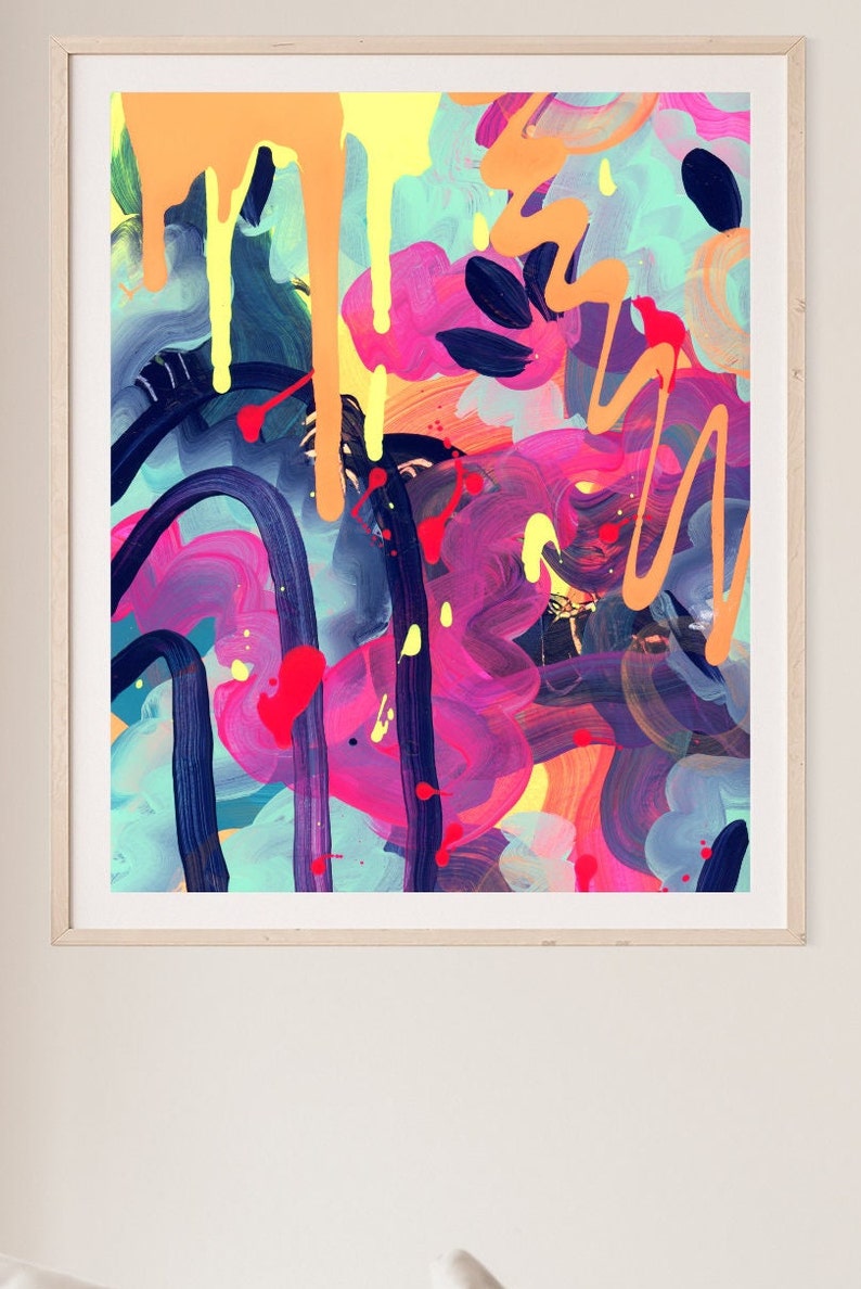May include: Abstract painting with bright colors, including pink, yellow, blue, and orange. The paint is applied in a thick, textured style, creating a dynamic and energetic composition.