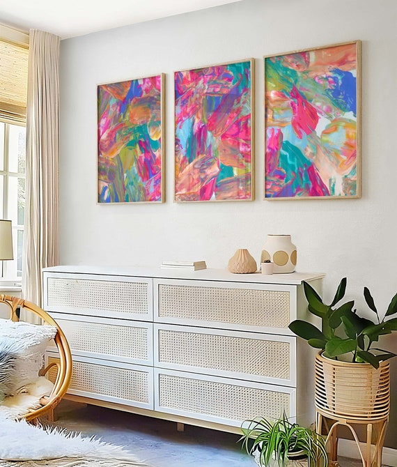Bright Watercolor Prints, Colorful Wall Art Printable Download, Bright Abstract Art Prints, Set of 3 Prints, Girly Apartment Prints