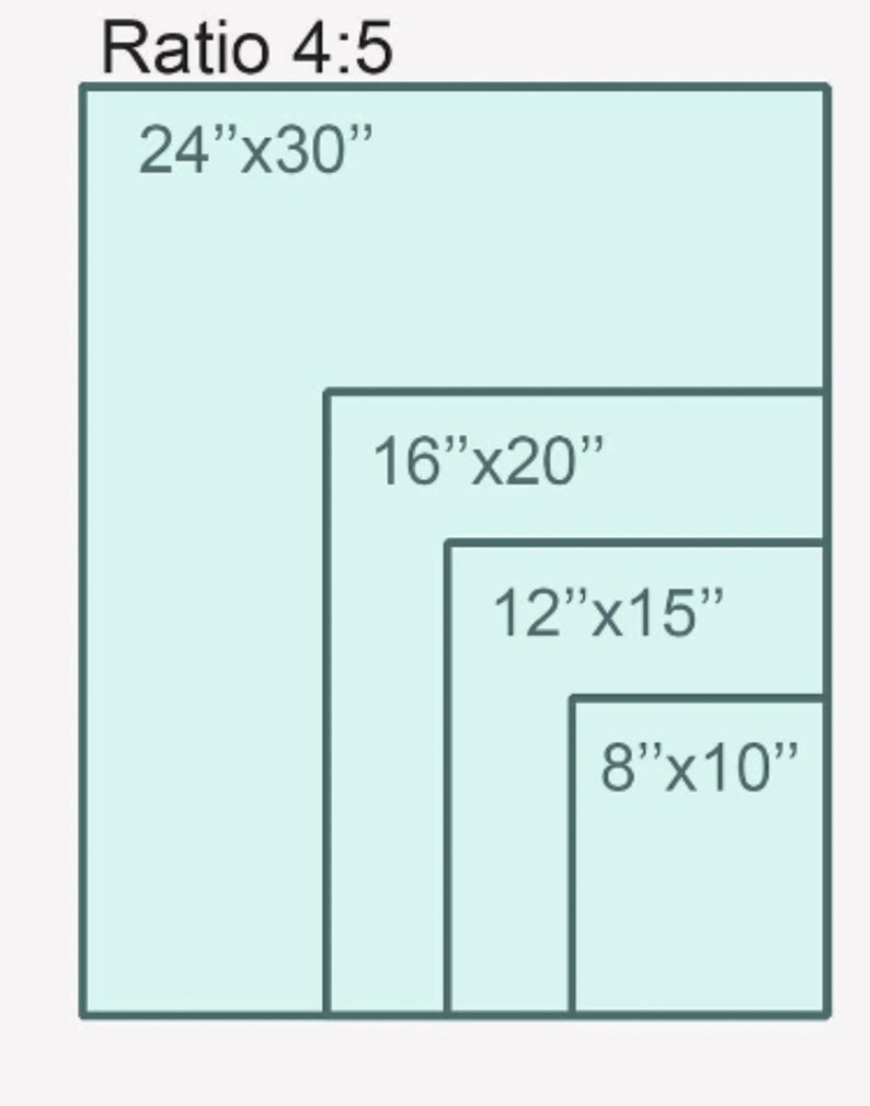 K&ouml;nnte beinhalten: Ein Diagramm, das verschiedene Gr&ouml;&szlig;en von rechteckigen Rahmen mit einem Verh&auml;ltnis von 4:5 zeigt. Der gr&ouml;&szlig;te Rahmen ist 24 Zoll mal 30 Zoll, der n&auml;chste ist 16 Zoll mal 20 Zoll, dann 12 Zoll mal 15 Zoll und der kleinste ist 8 Zoll mal 10 Zoll.