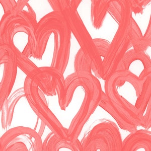 May include: Abstract background with a pattern of pink heart shapes painted on a white background.
