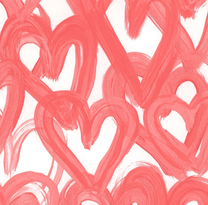May include: Abstract background with a pattern of pink heart shapes painted on a white background.