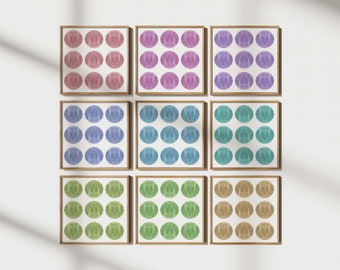 Set of 9 Square Pastel Vibrant Polka Dots - Digital Prints for Nursery and Kids' Rooms - Colorful Posters - Modern Art Geometric Art Prints