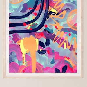 May include: Abstract painting with bold strokes of pink, blue, yellow, and black paint. The painting has a dynamic and energetic feel.