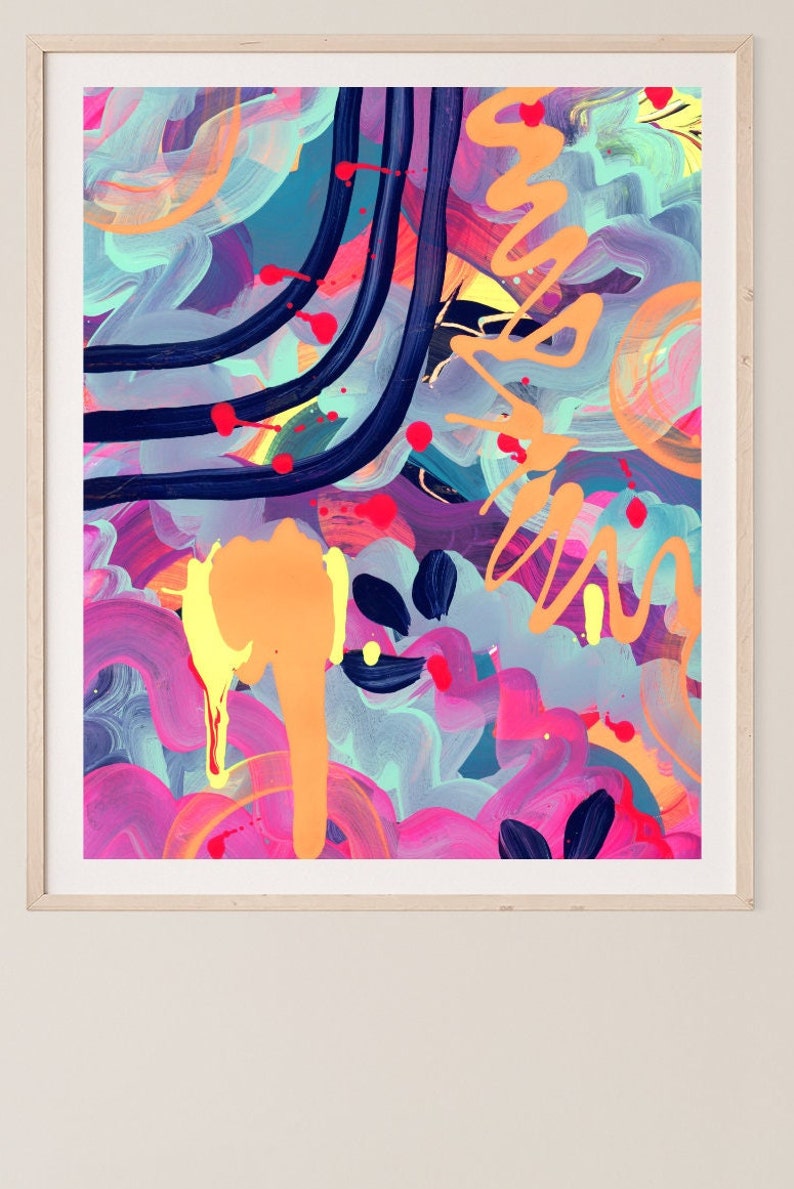 May include: Abstract painting with bold strokes of pink, blue, yellow, and black paint. The painting has a dynamic and energetic feel.