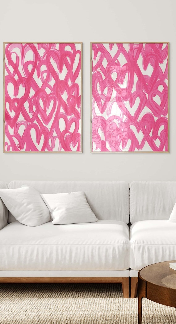 Bright Pink Heart Prints, Pink Heart Art, Pink Hearts, Pink Wall Art, Pink Nursery Wall Art, Bright Wall Art, Baby Girly Room Pink Wall Art