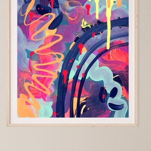 May include: Abstract painting with bright colors, including yellow, pink, blue, and red. The painting features thick brushstrokes and drips of paint.