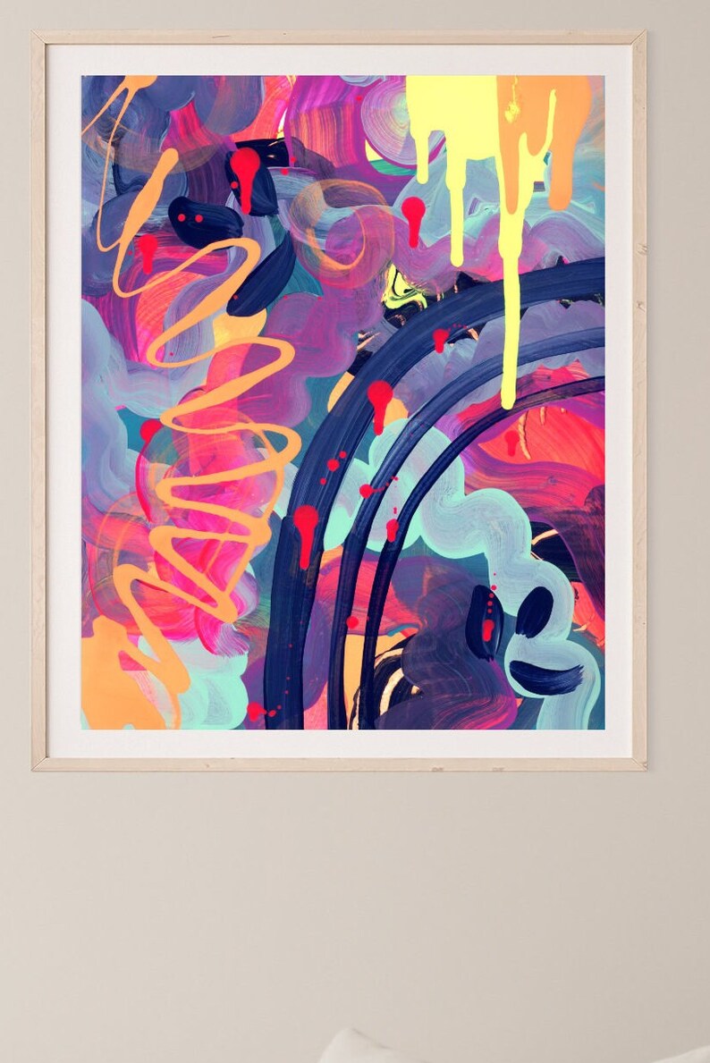 May include: Abstract painting with bright colors, including yellow, pink, blue, and red. The painting features thick brushstrokes and drips of paint.
