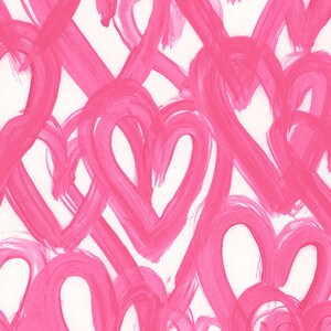 May include: A seamless pattern of pink painted hearts on a white background.