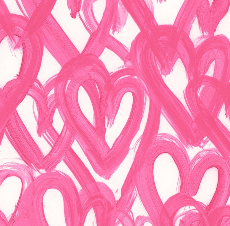 May include: A seamless pattern of pink painted hearts on a white background.