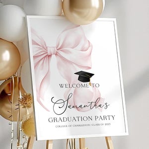 Letrero de bienvenida de graduación Coquette, letrero de graduación con lazo rosa, letrero para fiesta de graduación, decoraciones de graduación de la clase de 2025, póster de graduación