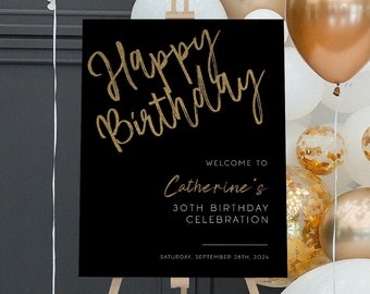 Happy Birthday Welcome Sign, Black and Gold Welcome Sign, Personalized Happy Birthday Sign, 50th Birthday Sign, Any Age Birthday Sign Custom