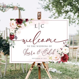 Burgundy Wedding Welcome Sign, Floral Wedding Sign, Custom Wedding Decor, Burgundy and Blush Welcome Sign, Pink Marsala Wedding Sign Printed
