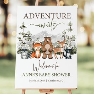 Woodland Baby Shower Welcome Sign, Adventure Awaits Baby Shower Sign, Forest Baby Shower Welcome Poster, Forest Animals Baby Shower Decor