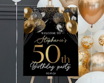 Birthday Welcome Sign, Black and Gold Birthday Sign for Easel, Custom Birthday Sign, Any Age, 50th Birthday Sign, Personalized Birthday Sign