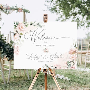 Floral Wedding Welcome Sign, Blush Pink Floral Wedding Sign, Floral Wedding Decor, Pink Flower Welcome Board, Custom Wedding Sign Printed