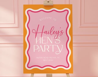 Pink Hen Party Sign, Orange and Pink Hen Party Welcome Sign, Retro Hen Party Decor, Bachelorette Wavy Welcome Sign, Hens Welcome to Hen Sign