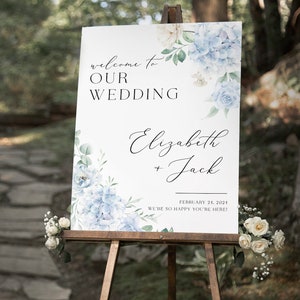 Blue Hydrangea Wedding Welcome Sign Printed, Blue Floral Wedding Welcome Sign, Dusty Blue Wedding Decor, Rehearsal Dinner Bridal Shower Sign
