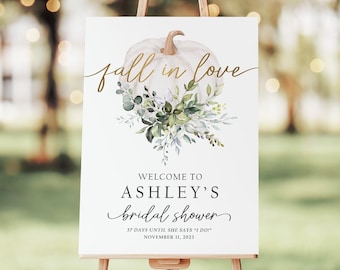 Fall Bridal Shower Welcome Sign, Fall in Love Bridal Shower Decorations, White Pumpkin Bridal Shower Sign Fall, Greenery Bridal Shower Sign