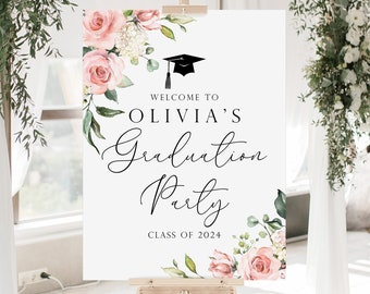 Floral Graduation Welcome Sign, Custom Graduation Party Welcome Sign, Pink Floral Graduation Sign, 2024 Graduation Party Decorations Pink