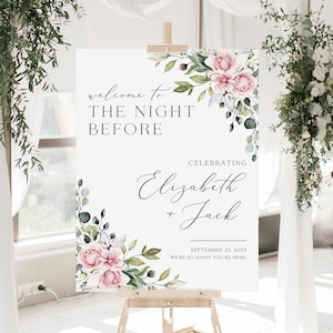 Letrero de la cena de ensayo de la noche anterior, letrero de bienvenida a la cena de ensayo de boda en rosa ruborizado, letrero de la noche anterior, póster de ensayo con vegetación