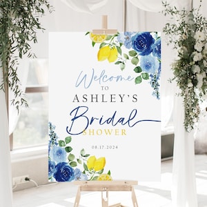 Letrero de bienvenida para despedida de soltera con diseño de limón azul, letrero floral para despedida de soltera con diseño de limón, decoración para despedida de soltera con diseño de Main Squeeze, póster floral azul para despedida de soltera
