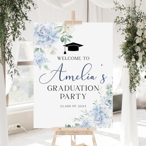 Graduation Party Welcome Sign, Blue Floral Graduation Sign, Custom Graduation Welcome Sign Hydrangea, Class of 2024 Decor, Grad Party Sign