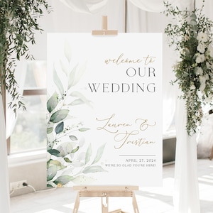 Wedding Welcome Sign, Greenery Welcome Sign Wedding, Greenery Wedding Decor, Welcome to Our Wedding Signs Eucalyptus, Gold Welcome Poster