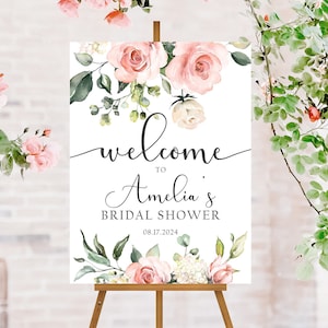 Blush Pink Floral Bridal Shower Sign, Custom Bridal Shower Welcome Sign Floral, Flower Bridal Shower Decor, Floral Bridal Shower Decorations image 1