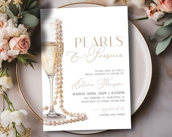 Pearls and Prosecco Bridal Shower Invitation, Bridal Shower Invitation Printed, Brunch and Bubbly Bridal Shower Invite, Editable Template