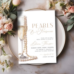 Faire-part de douche nuptiale de perles et de prosecco, faire-part de douche nuptiale imprimé, brunch et invitation de douche nuptiale pétillante, modèle modifiable