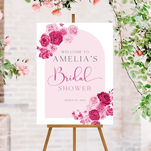 Letrero de bienvenida para despedida de soltera con flores en rosa intenso, letrero personalizado para despedida de soltera, decoraciones para despedida de soltera en tonos ruborizados, despedida de soltera de verano en color fucsia y magenta