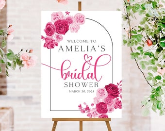 Hot Pink Floral Bridal Shower Welcome Sign, Pink Bridal Shower Sign, Blush Bridal Shower Decorations, Fuchsia Magenta Summer Bridal Shower