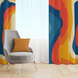 Retro Curtains, 70s Curtains, Curtains For Living Room, Blue Orange Window Curtains, Blackout Curtains Bedroom, Sheer Curtains, Retro Decor