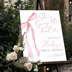 She's Tying the Knot Bridal Shower Sign, Pink Ribbon Bridal Shower Welcome Sign, Bow Bridal Shower Decoration, Pink Bow Bridal Shower Poster