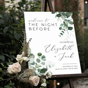 Rehearsal Dinner Sign, The Night Before Sign, Night Before Wedding Welcome Sign, Eucalyptus Wedding Rehearsal Dinner Sign, Greenery Decor