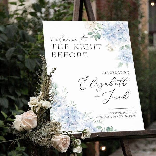 The Night Before Sign, Dusty Blue Rehearsal Dinner Sign, Blue Hydrangea Wedding Sign, The Night Before Wedding Rehearsal Dinner Welcome Sign