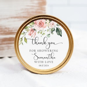 Autocollants personnalisés pour la douche nuptiale, étiquette de remerciement florale rose poudré pour la douche nuptiale, étiquettes de cadeau nuptiales personnalisées, autocollants de faveur nuptiale