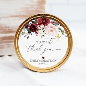 Pegatinas circulares para regalos de boda, etiquetas para regalos de boda con flores color burdeos, pegatinas florales color rubor para bodas, pegatinas de agradecimiento para bodas, etiquetas para regalos