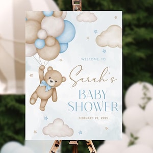 Teddy Bear Baby Shower Welcome Sign, We Can Bearly Wait Baby Shower Sign, Blue Bear Balloons Baby Shower Sign, Baby Boy Baby Shower Poster