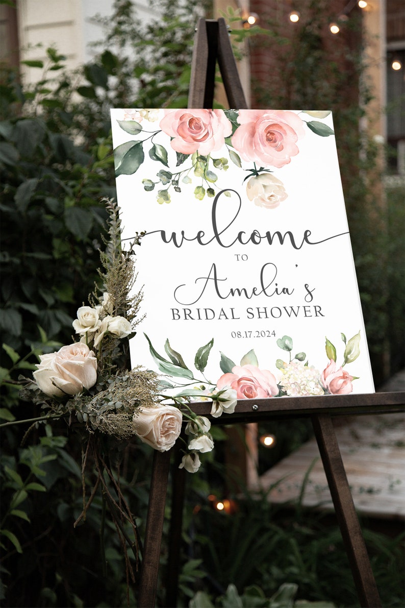 Blush Pink Floral Bridal Shower Sign, Custom Bridal Shower Welcome Sign Floral, Flower Bridal Shower Decor, Floral Bridal Shower Decorations image 2