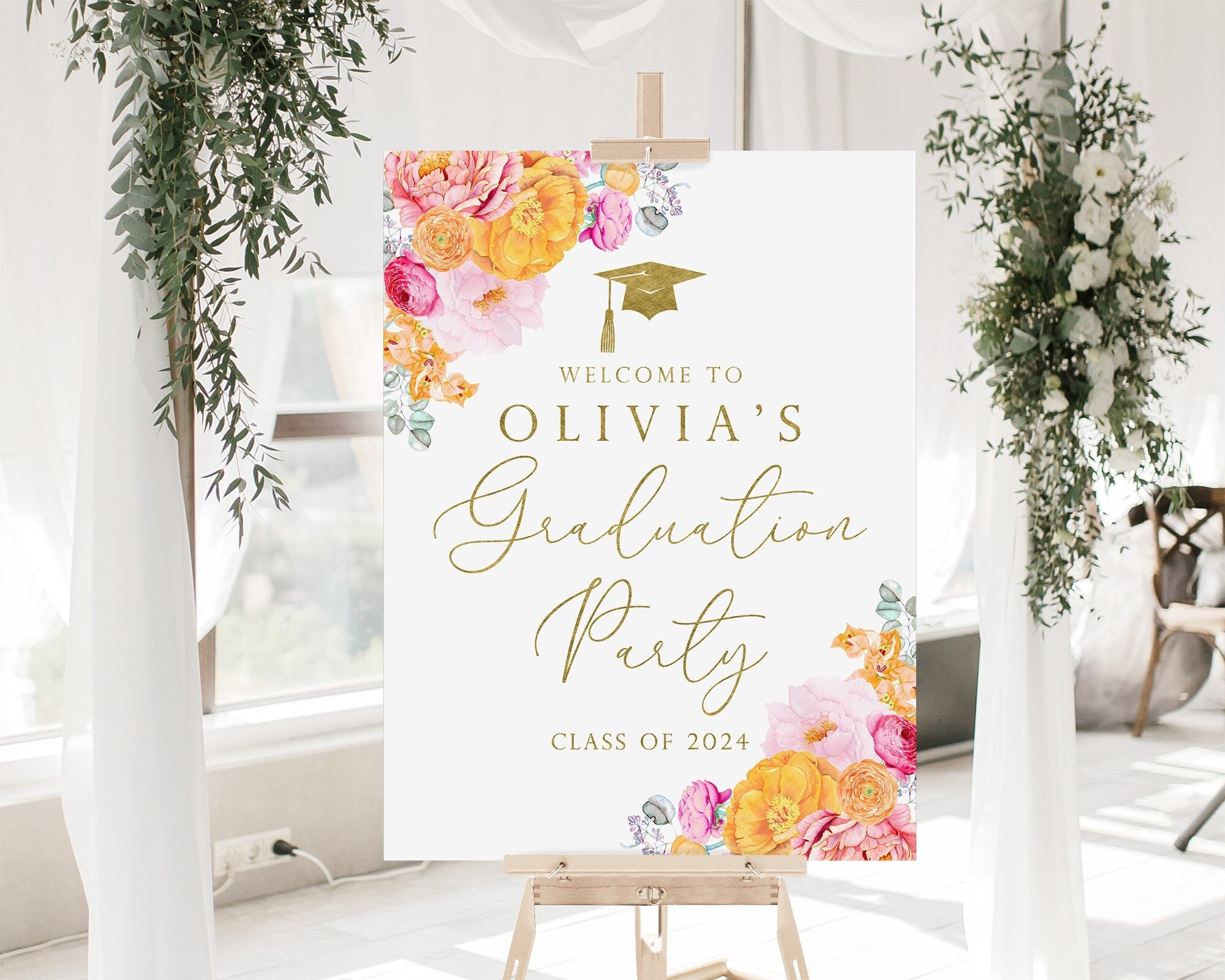 Graduation Welcome Sign, Custom Graduation Party Welcome Sign, Gold Graduation Sign, Pink Orange Floral Graduation Decor, Grad Party Sign