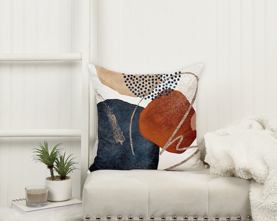 Abstract Art Pillow Cover Rust Burnt Orange Navy Pillow Covers Gold Decorative Pillow Beige Bohemian 20x20 Pillow Living Room Decor Etsy