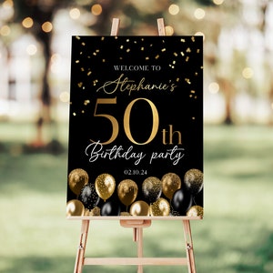 Black And Gold Birthday Welcome Sign, Personalized Black And Gold Glitter Balloons Birthday Party, Any Age Birthday Poster, Birthday Sign Decorations, Birthday Entrance Sign, Birthday Welcome Yard Sign