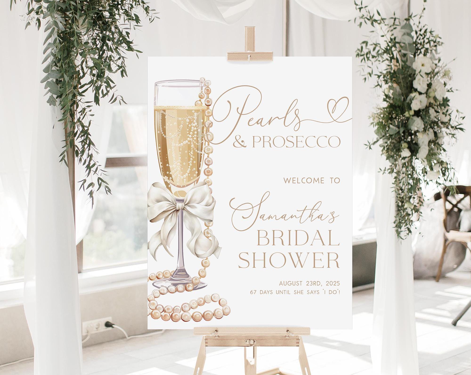 Pearls and Prosecco Bridal Shower Welcome Sign, White Bow Bridal Shower Sign, Pearls and Prosecco Bridal Shower Decor, Bridal Shower Poster