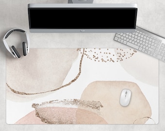 Abstract Desk Mat, Cute Desk Mat, Boho Pastel, Extended Mouse Pad Cute, Office Decor, Mousepad, Extra Large Desk Mat Pink, Gold Keyboard Mat