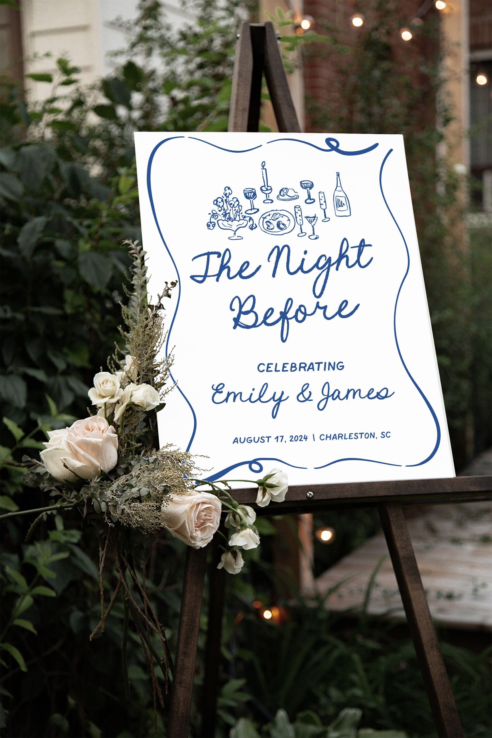 Rehearsal Dinner Welcome Sign, The Night Before Sign, Hand Drawn Rehearsal Dinner Sign Blue, Whimsical Wedding Sign, Night Before Wedding