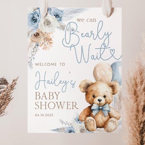 We Can Bearly Wait Baby Shower Welcome Sign, Teddy Bear Baby Shower Sign, Blue Bear Balloon Baby Shower Poster, Boho Boy Baby Shower Decor