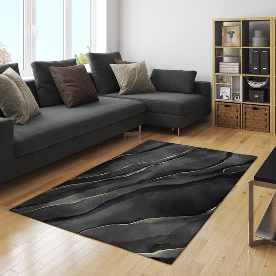Luxury Gold Black Area Rug Abstract, Black And Gold Living Room Rug