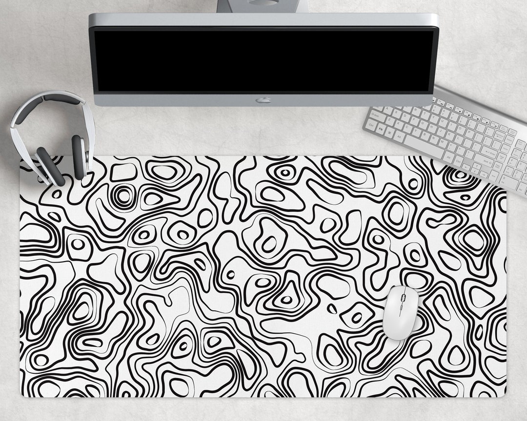 White Topographic Desk Mat, Black Gaming Desk Mat, Extended Mouse Pad, Topography Desk Mat